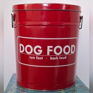 Vintage Bertels Can Co. Tin Dog Food Container Canister Run Fast Bark Loud